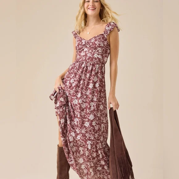 Altar'd State Dress NWT Size M Brown Floral Flowy Lined Maxi Fairy Cottagecore - Picture 1 of 7
